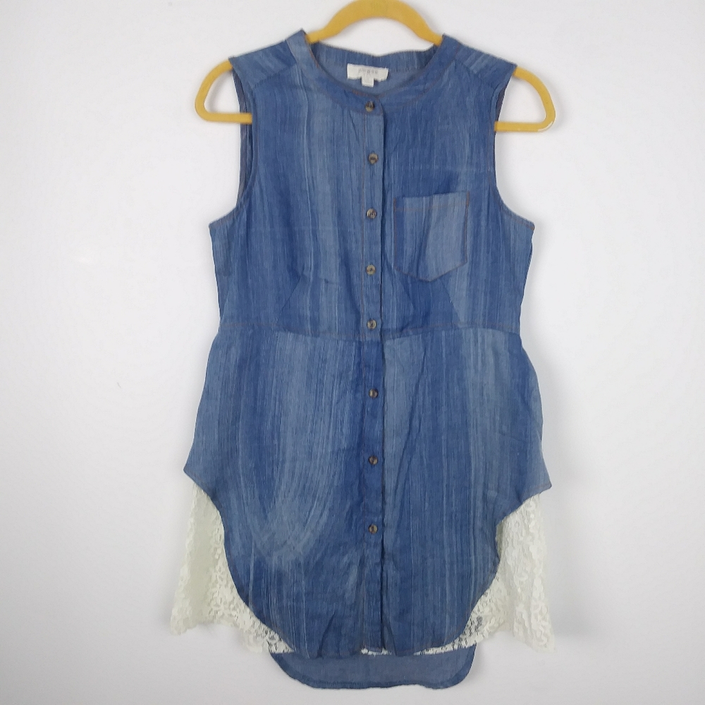 Umgee Chambray Lace Button Top Sleeveless Size S